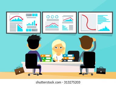 Business People Office Desk Traders Financial Crisis Computers Finance Graph Fall Down Trend Negative Flat Vector Illustration