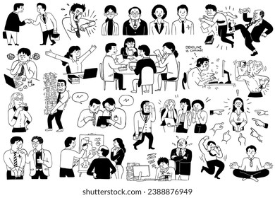 Business people office doodles set, cute character vector illustration. Various actions, actitivies, lifestyle, diverse. Outline, thin line art, black and white ink style hand drawn. 