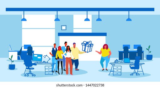 business people office employees congratulating fat obese female colleague corporate team presenting gift box surprise to woman boss modern workspace cabinet interior sketch horizontal