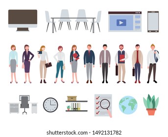 business people and office equipment icons vector illustration design
