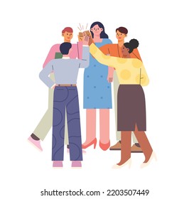 Business people in the office are gathering and high-five. flat design style vector illustration.