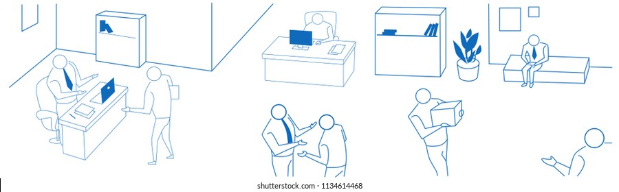 business people office hard working process communication concept on white background sketch doodle banner vector illustration