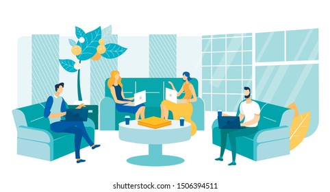 Business People Office Informal Friendly Atmosphere Flat Cartoon Vector Illustration. Company Employees Working on Laptop in Coworking Office. Entrepreneurs Sitting on Sofa or Couch.