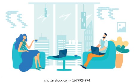 Business People in Office Informal Friendly Atmosphere Flat Cartoon Vector Illustration. Company Employees Working on Laptop in Coworking Office on Coffee Break. Entrepreneurs Sitting on Chairs.