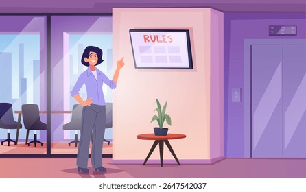 Empresários no escritório. Gerentes mãos apontando para anúncios banner no escritório interior exato vetor fundo