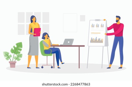 Business people in office, report and presentation. Vector of office presentation, business report teamwork, illustration of discussion character meeting