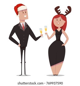 Business people in office suits with a glass of champagne celebrate Christmas. Vector cartoon characters of men in santa claus hat and women with deer horns isolated on white background.