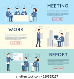 Business people in an office work, negotiations, hard work, stress, report, teamwork. Flat design vector illustration.