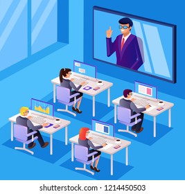 Business people office workers manager character discussion communicate talking by video conference by monitor tv internet. Online seminar technology. Vector flat cartoon graphic design isolated