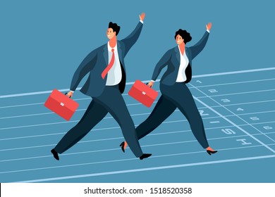 Business people or office workers running to the finish line. Cartoon male and female characters with briefcases, wearing business clothes. Vector illustration