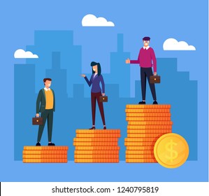 Business people office workers standing on different stack golden coins. Salary income difference concept. Vector flat cartoon graphic design isolated illustration