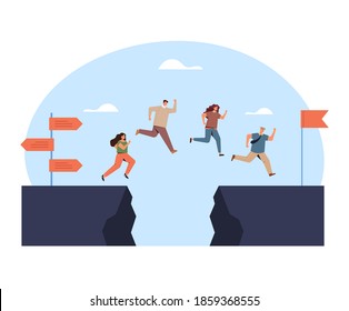 Business people office workers team jump over rock concept. Vector flat graphic design illustration