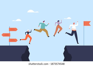 Business people office workers team jump over rock concept. Vector flat graphic design illustration