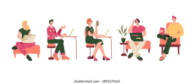 Business people or office workers working at desks on computers and laptops, flat vector illustration isolated on background. Business team  characters engaged in daily office work.
