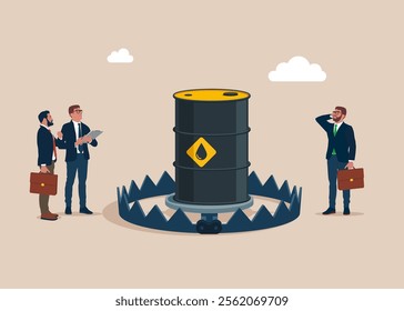 Business people and oil barrel above metal steel bear trap. Crude expensive oil theft. Growth rise of oil stock prices and growth of extraction concept. Modern flat vector illustration.