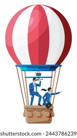 Empresarios en globo aerostático. Hombre de negocios con spyglass. Trabajo en equipo, colaboración. Buscando solución y estrategia empresarial. Logro de éxito visión de negocios meta de carrera. Ilustración vectorial plana