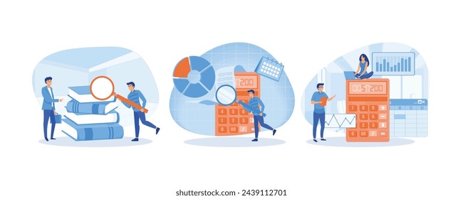 La gente de negocios en el fondo de enormes archivos de documentos. Hombre mirando a través de la lupa en la factura, cheque o factura. Facilite el balance de situación con el software. Conjunto vector plano ilustración moderna