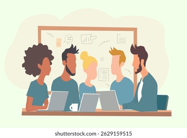 business people on the background of the graph, Team work process concept illustration. Vector flat design illustration on group of businessmen meeting marketing research

