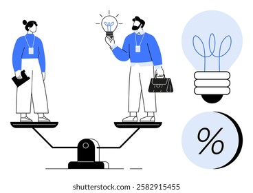 Business people on a balance scale, exchanging ideas represented by a lit bulb and a percentage sign. Ideal for business strategy, financial planning, teamwork, innovation, negotiation, work-life