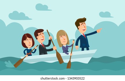 Business people on the boat in ocean. Teamwork concept. Business vector illustration, flat cartoon style.