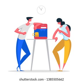 Business People on Coffee Break at Work. Man and Woman Characters Lunch Time. Employees Drinking Hot Drinks Having Break. Vector flat cartoon illustration