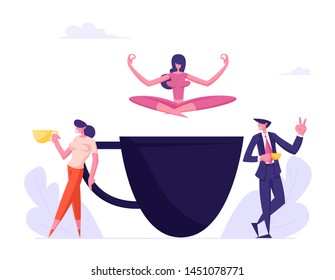 Business People on Coffee Break, Young Girl Relaxing in Yoga Lotus Posture above Huge Cup. Employees Visiting Cafe, Characters in Recreational Place Drink Hot Beverage Cartoon Flat Vector Illustration