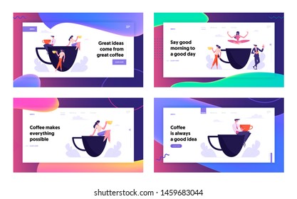 Business People on Coffee Break Website Landing Page Set, Characters in Recreational Place Drink Hot Beverage Communicate, Woman Meditate at Huge Cup Web Page. Cartoon Flat Vector Illustration, Banner