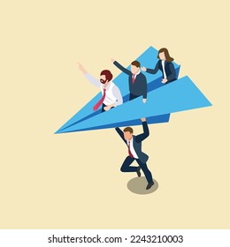 Business people on flying paper plane isometric 3d vector illustration concept for banner, website, illustration, landing page, flyer, etc.