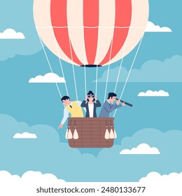 Business people on hot air balloon. Persons searching employers job or vacancy. Creative men women with binoculars and telescope, hunting recent vector concept