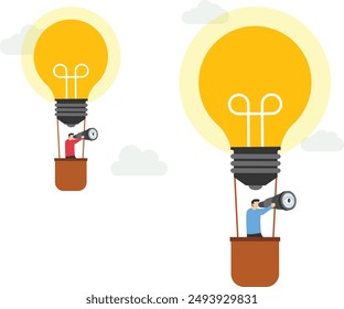 Business people on the light bulb balloon with telescope. Vector design

