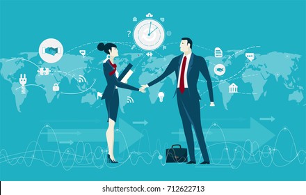 Business people on the meeting in front the world map. Working together concept illustration. 