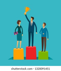 Business people on the pedestal. Success, achievement concept. Infographics vector illustration
