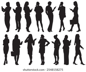 Business people on phonecall. business people standing and using smartphone silhouette on white background.