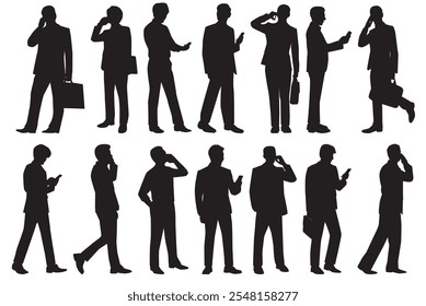 Business people on phonecall. business people standing and using smartphone silhouette on white background.