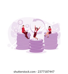Business people are on a pile of coins. Examining the circulation of money and money back using a laptop. Cashback concept. trend modern vector flat illustration
