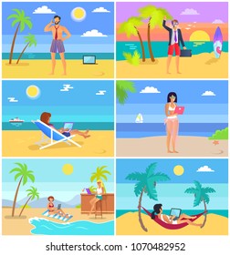 Business people on summer vacation posters set vector illustrations with successful freelancers working by laptops, distant freelance work on rest