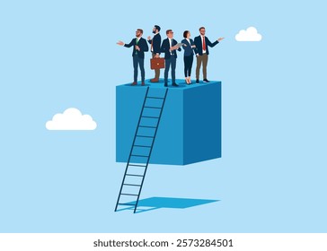 Business people on the top of a suspended cube observing the future. Corporate of success. Modern vector illustration in flat style