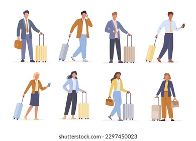 Business people on a business trip set. Female and male character walk, stand, talk on the phone and hold suitcases, passports, tickets. Flat vector illustration