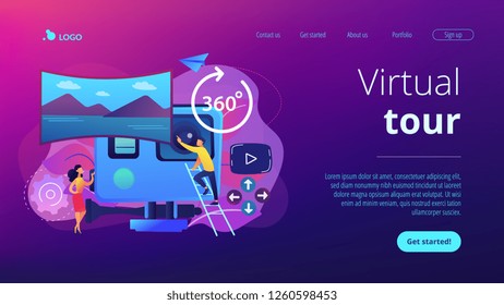 Business people on virtual reality tour 360 watching beautiful landscape and a camera. Virtual tour, 3d reality tours, virtual reality walk concept. Website vibrant violet landing web page template.