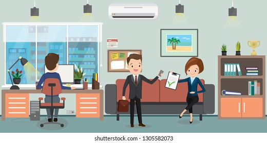 Business people on Workplace in Modern office or cabinet in the house,interior with furniture and plants,businessman and business woman characters,Colleagues talking,flat vector illustration