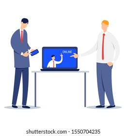 Business people online. Businessmen team working together on a program on the Internet. Concept teamwork with modern technology. Cartoon illustration isolated on white background in flat style.
