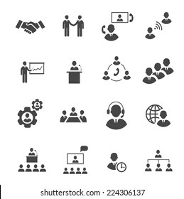 Business people online meeting strategic pictograms set of presentation online conference and teamwork isolated vector illustration