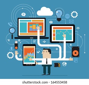 Business people in the online space. Network concept. Abstract illustration of man, computer, tablet, phone and interface icons. Business technology