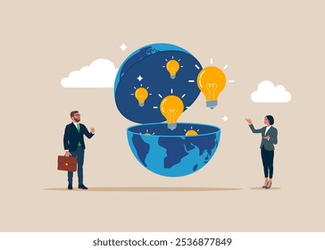 Business people open globe idea using. Think big, aspiration to win and success in business. Flat vector illustration