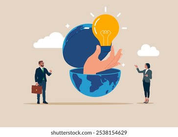 Business people open globe idea using. Creativity to help see business opportunity, vision to discover new solution or idea, curiosity.