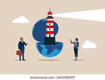Business people open globe to see lighthouse. Opportunities for strategic vision, business thinking. Modern vector illustration in flat style. 
