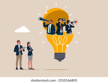 Business people open lightbulb idea using binoculars to see business vision. Office people holding spyglass, megaphone and binoculars. Modern vector illustration in flat style