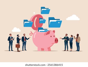 Business people open piggy bank to see files into archive folders. Arrange online data, file management. Flat vector illustration