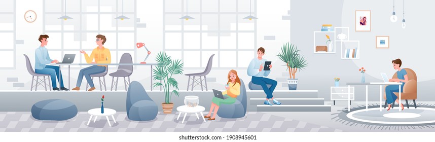 Business people in open space office, coworking area concept vector illustration. Cartoon businessman and businesswoman group of characters sitting at tables and working in cafe workplace background