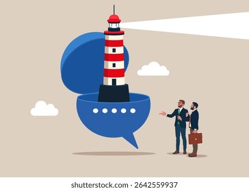 Business people open speech bubble with lighthouse. Opportunities for strategic vision, business thinking. Modern vector illustration in flat style. 